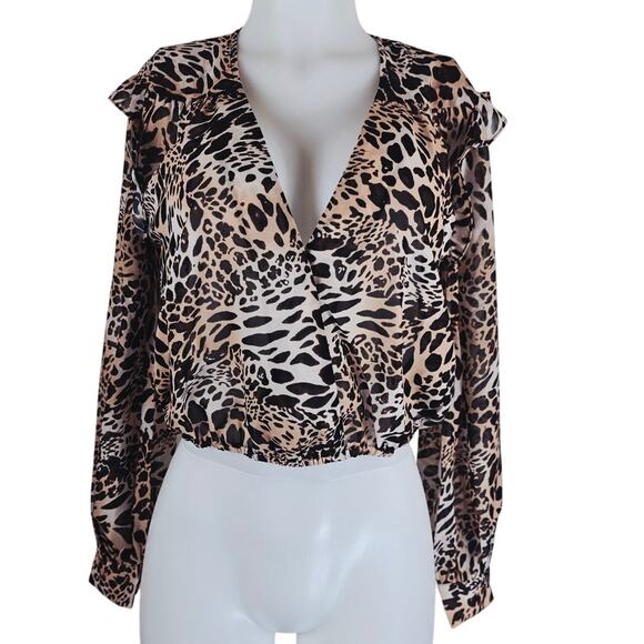 Blue Life Animal Style Ruffle Shoulder Faux Wrap Blouse Womens S - Picture 1 of 7